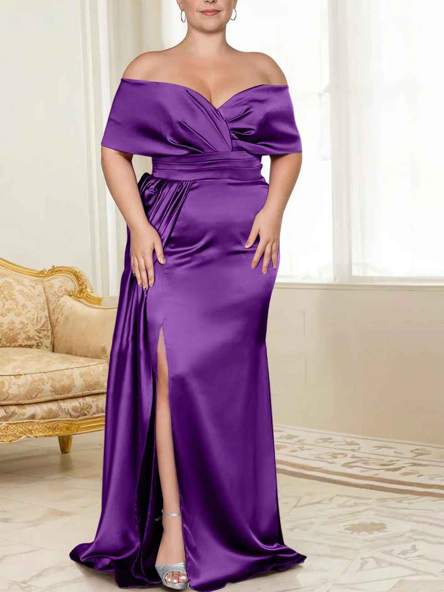 Wisteria Satin Off-the-Shoulder Floor-Length Bridesmaid & Wedding Guest Dress