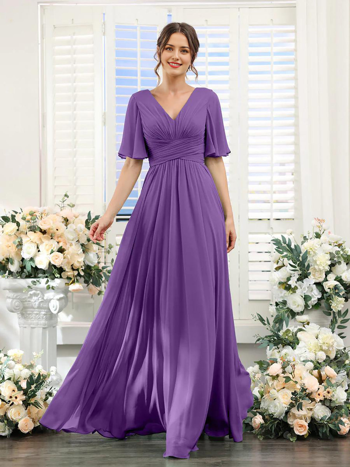 Mint Green Chiffon A-Line Floor-Length Bridesmaid Dress | V-Neck, Ruched Bodice & High Slit