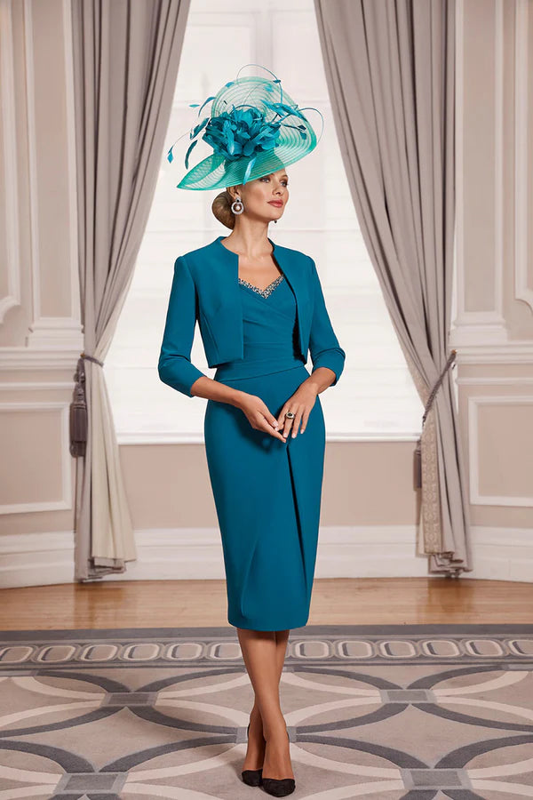 Grey Crepe V-Neck Knee-Length Mother of the Bride Dress with Beaded Neckline