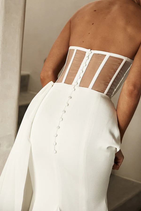 Vestido de novia bohemio plisado de satén perlado sin tirantes único