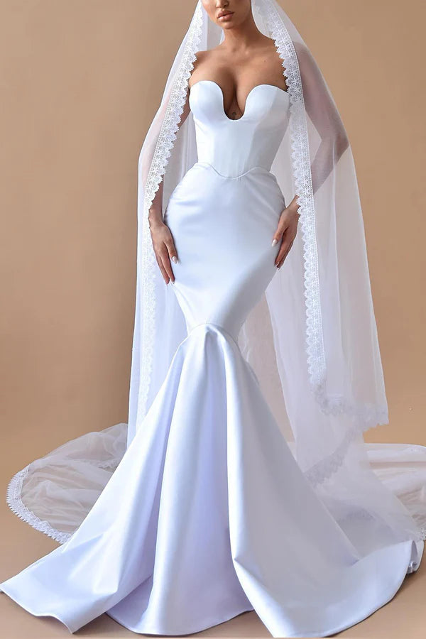 Vestido de novia sexy de satén con escote en V y cola de pez para novias
