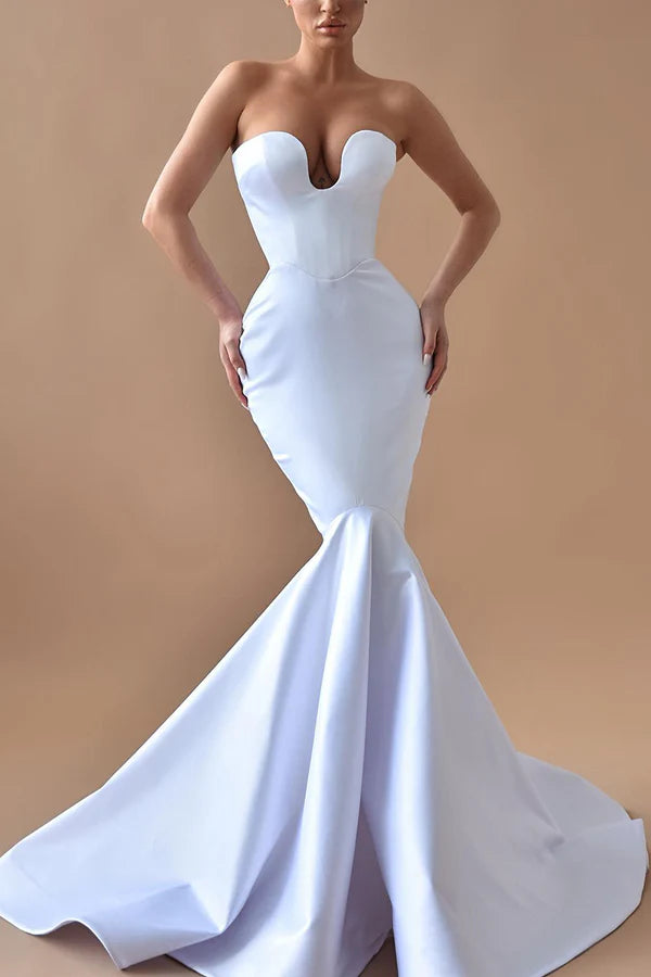 Vestido de novia sexy de satén con escote en V y cola de pez para novias