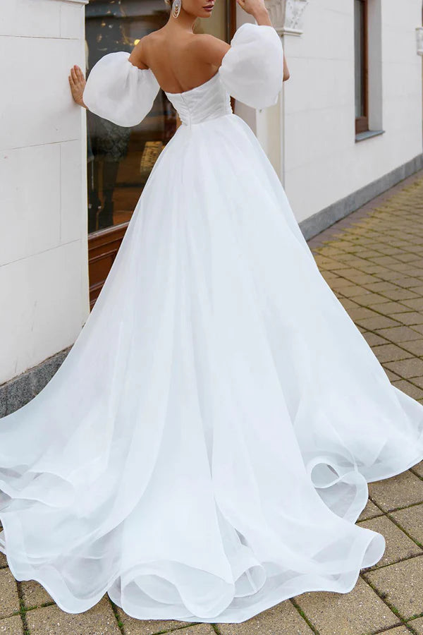 A line Sweetheart White Hall Casual Wedding Dress Minimalist Bride Dress