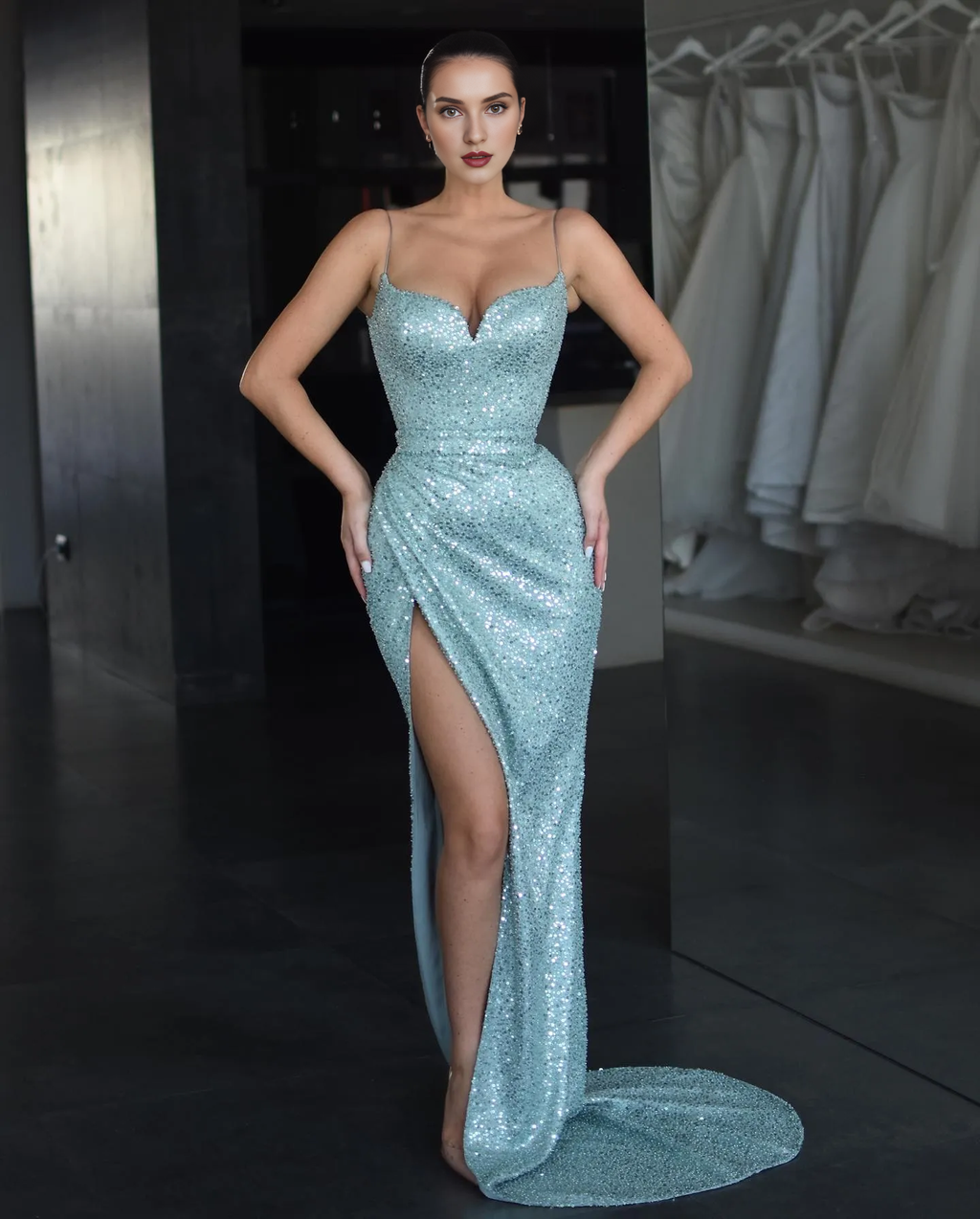 Mint Green Sequin Sweetheart Sheath/column Floor-Length Dress with High Slit