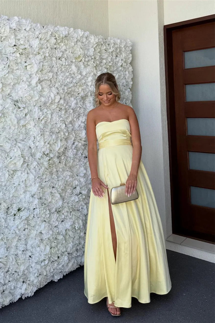 Radiant Satin Prom Dresses with Strapless Sweetheart Neckline, Lace-Up Back Bow Detail, Daring High Slit and Voluminous A-Line Skirt Formal Gown