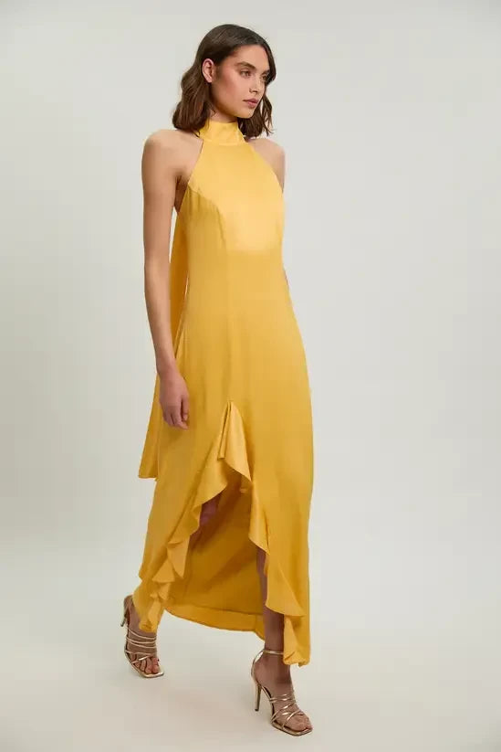 Radiant Satin Sheath Halter High Neck Sleeveless Open Back High-Low Evening Dresses