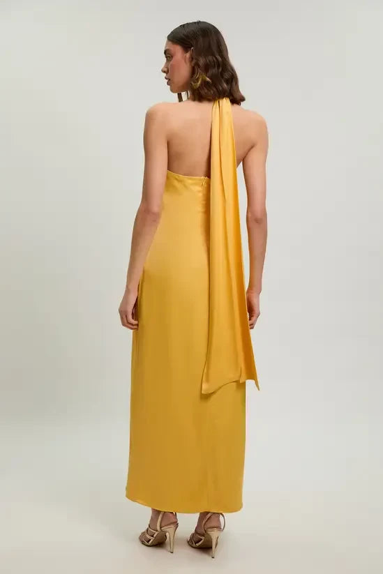 Radiant Satin Sheath Halter High Neck Sleeveless Open Back High-Low Evening Dresses