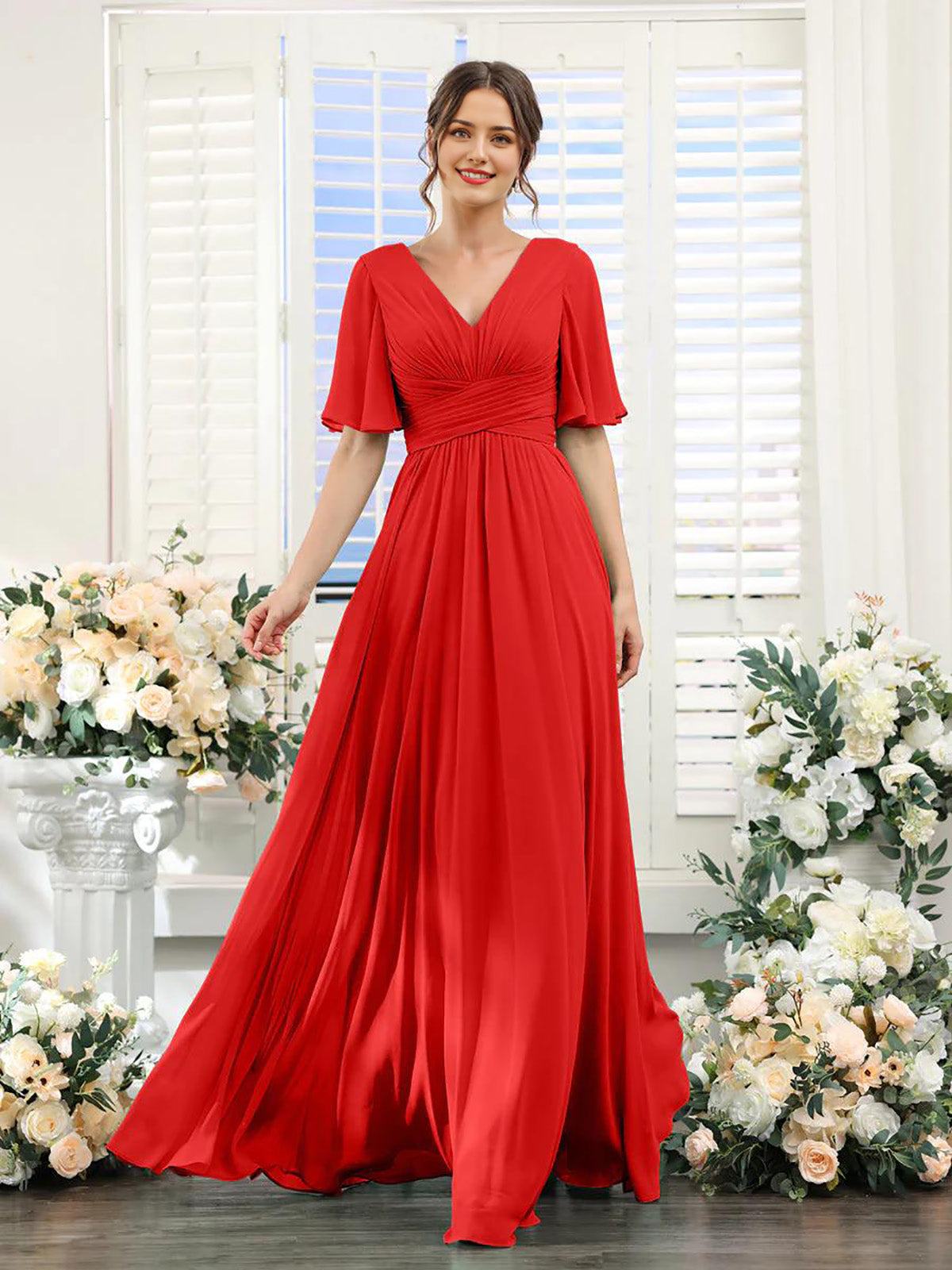 Vestido de dama de honor con escote en A y escote en V, ideal para invitadas a la boda, vestido de fiesta formal de gasa larga con abertura.