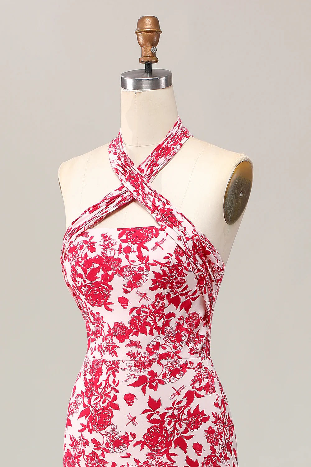 Red Floral Halter Neck Tiered Ruffle Midi Dress