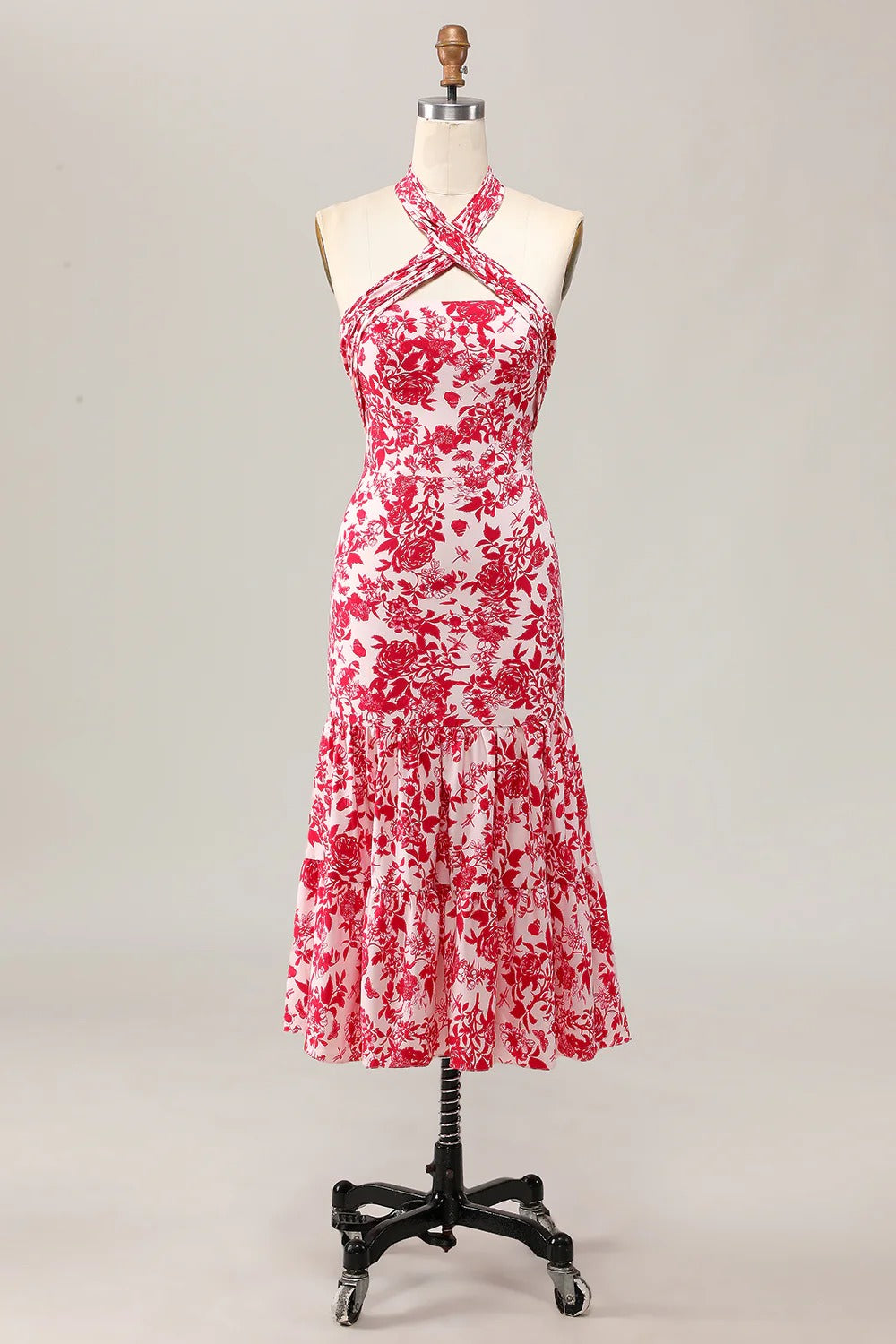 Red Floral Halter Neck Tiered Ruffle Midi Dress