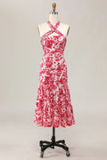 Red Chiffon Halter Neckline Mermaid Midi Dress for Cocktail Parties & Wedding Guests