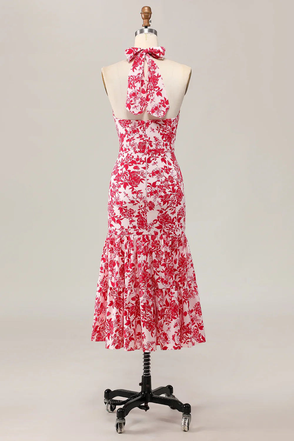 Red Floral Halter Neck Tiered Ruffle Midi Dress