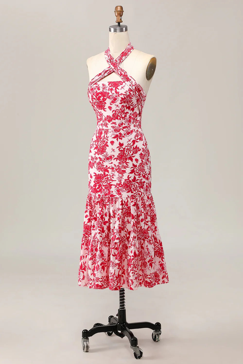 Red Floral Halter Neck Tiered Ruffle Midi Dress