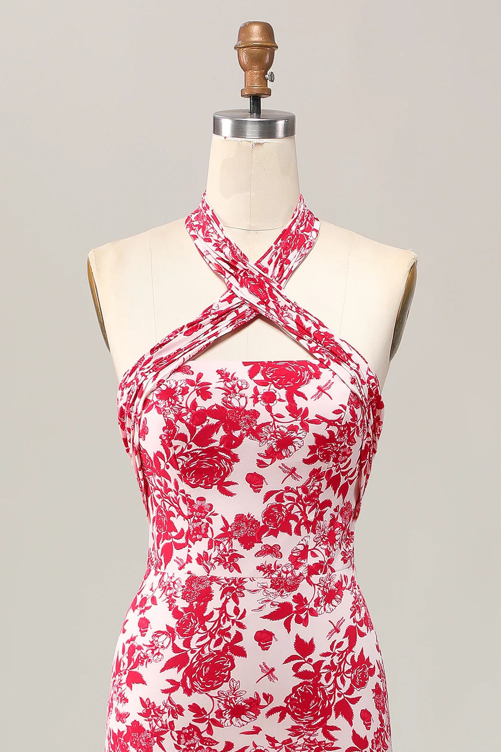Red Floral Halter Neck Tiered Ruffle Midi Dress