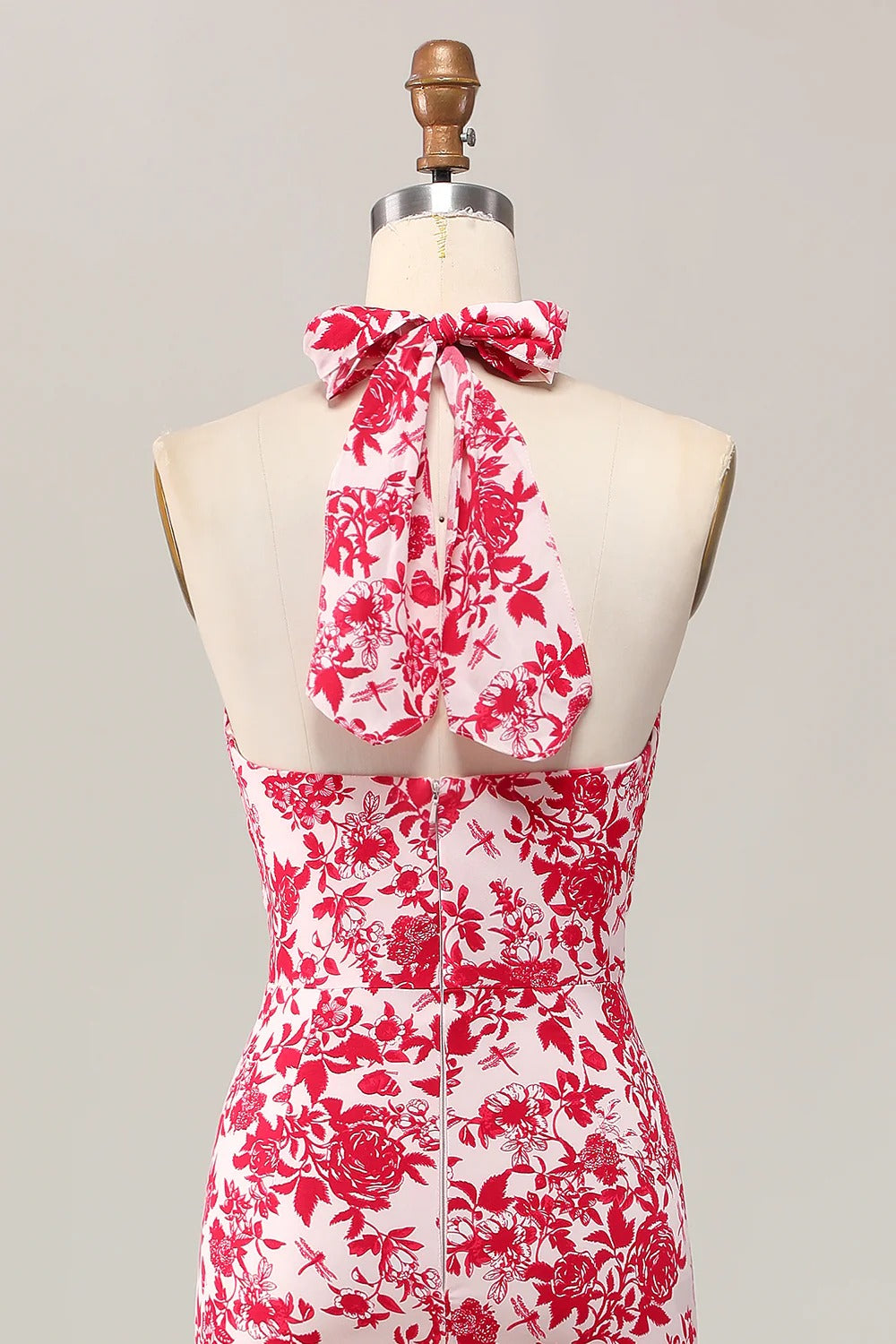 Red Floral Halter Neck Tiered Ruffle Midi Dress