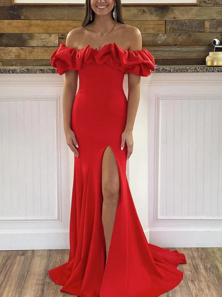 Red Off Shoulder Ruffle Mermaid Gown with High Slit Evening Dresses