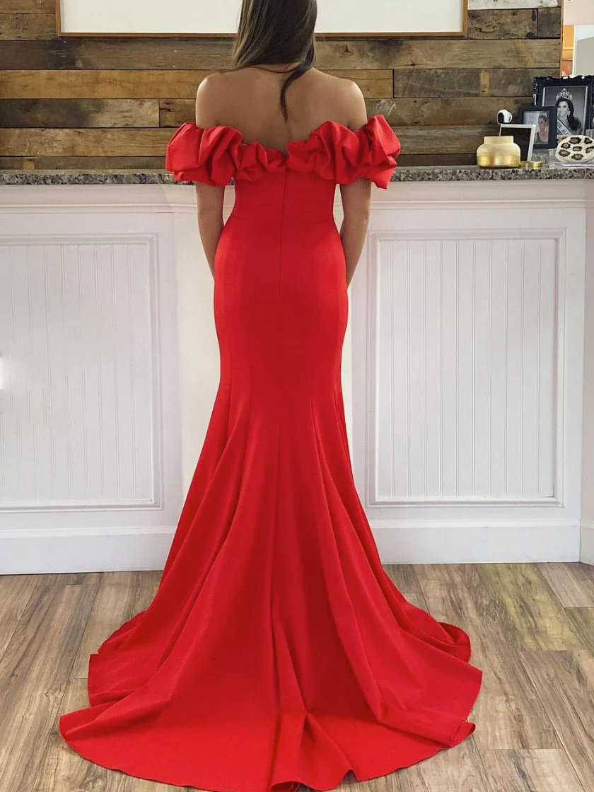 Red Off Shoulder Ruffle Mermaid Gown with High Slit Evening Dresses