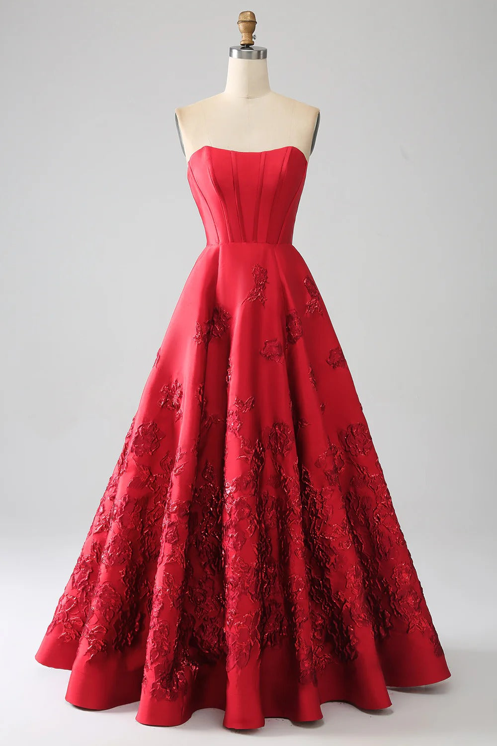 Red Rose Jacquard Ball Gown – Strapless Sweetheart Prom Dress with A-Line Skirt