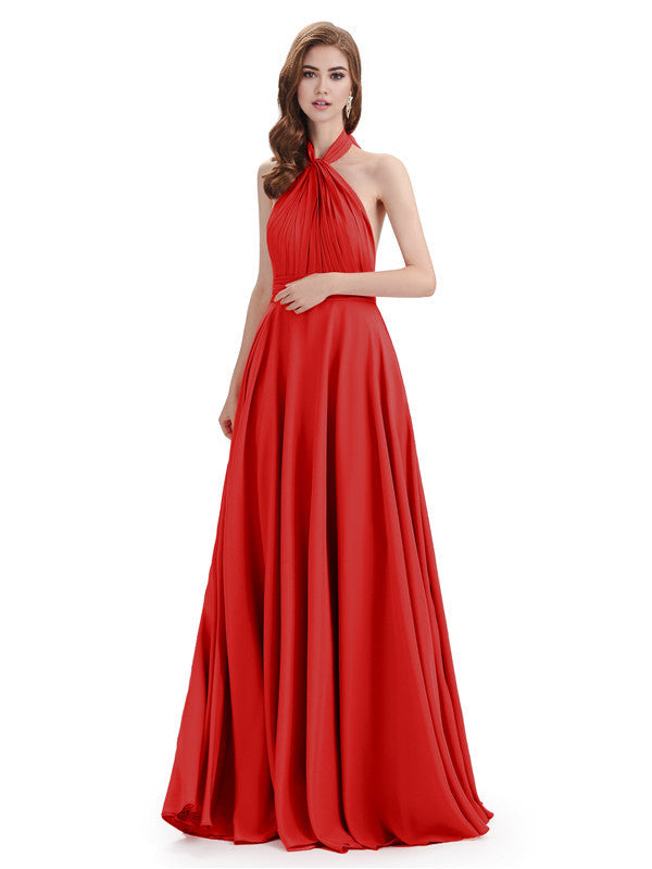 Simple A-Line High Neck Halter Sleeveless Pleats Chiffon Floor Length Bridesmaid Dresses