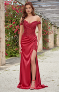 Red Satin Sweetheart Sheath/column Floor-Length Gown with Embellished Bodice and High Slit