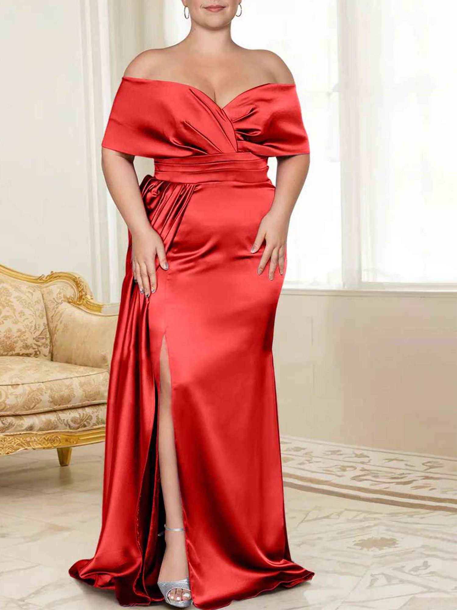 Wisteria Satin Off-the-Shoulder Floor-Length Bridesmaid & Wedding Guest Dress