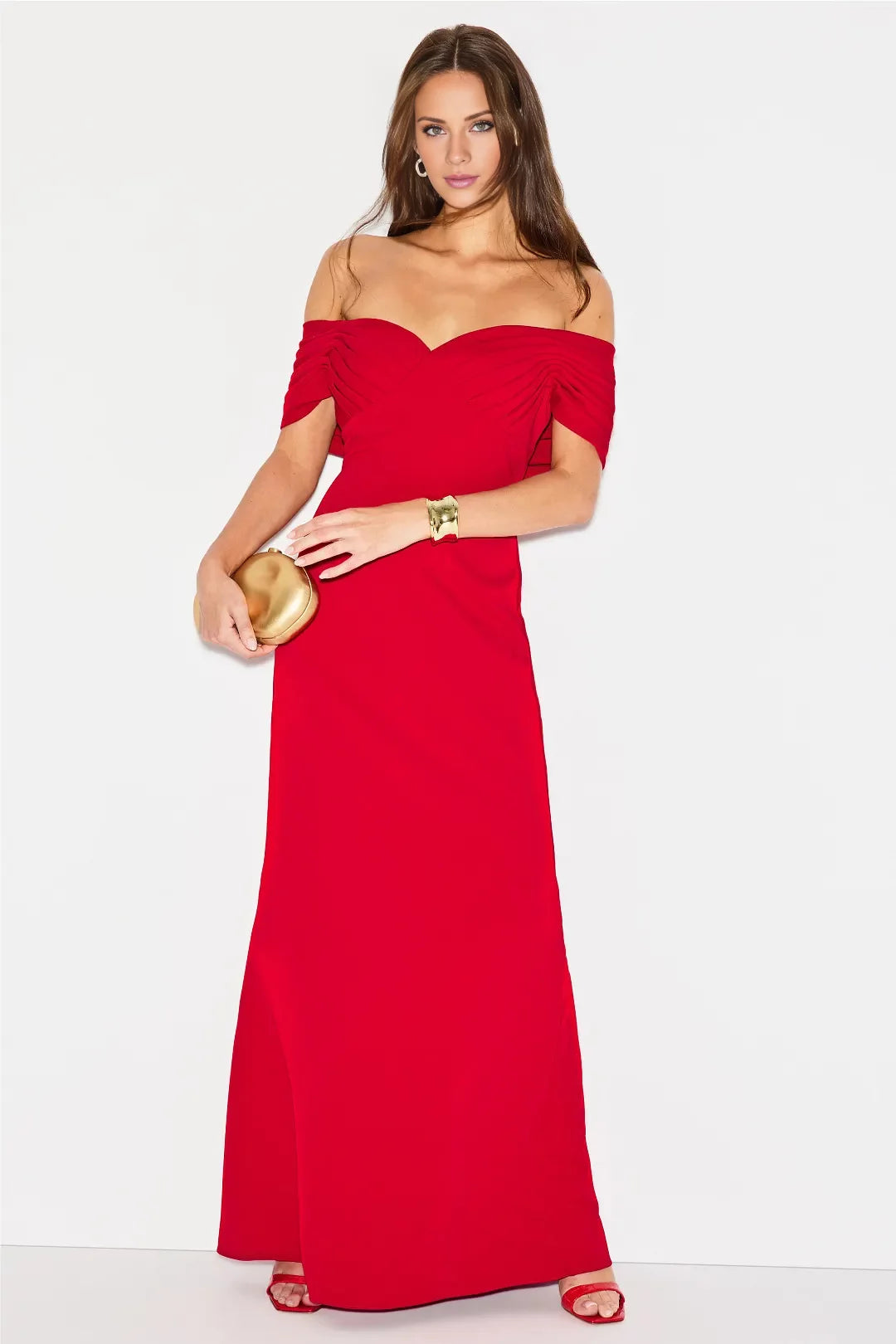 Refined A-Line Off-Shoulder Neck Sleeveless Ruched Floor-Length Evening Dress