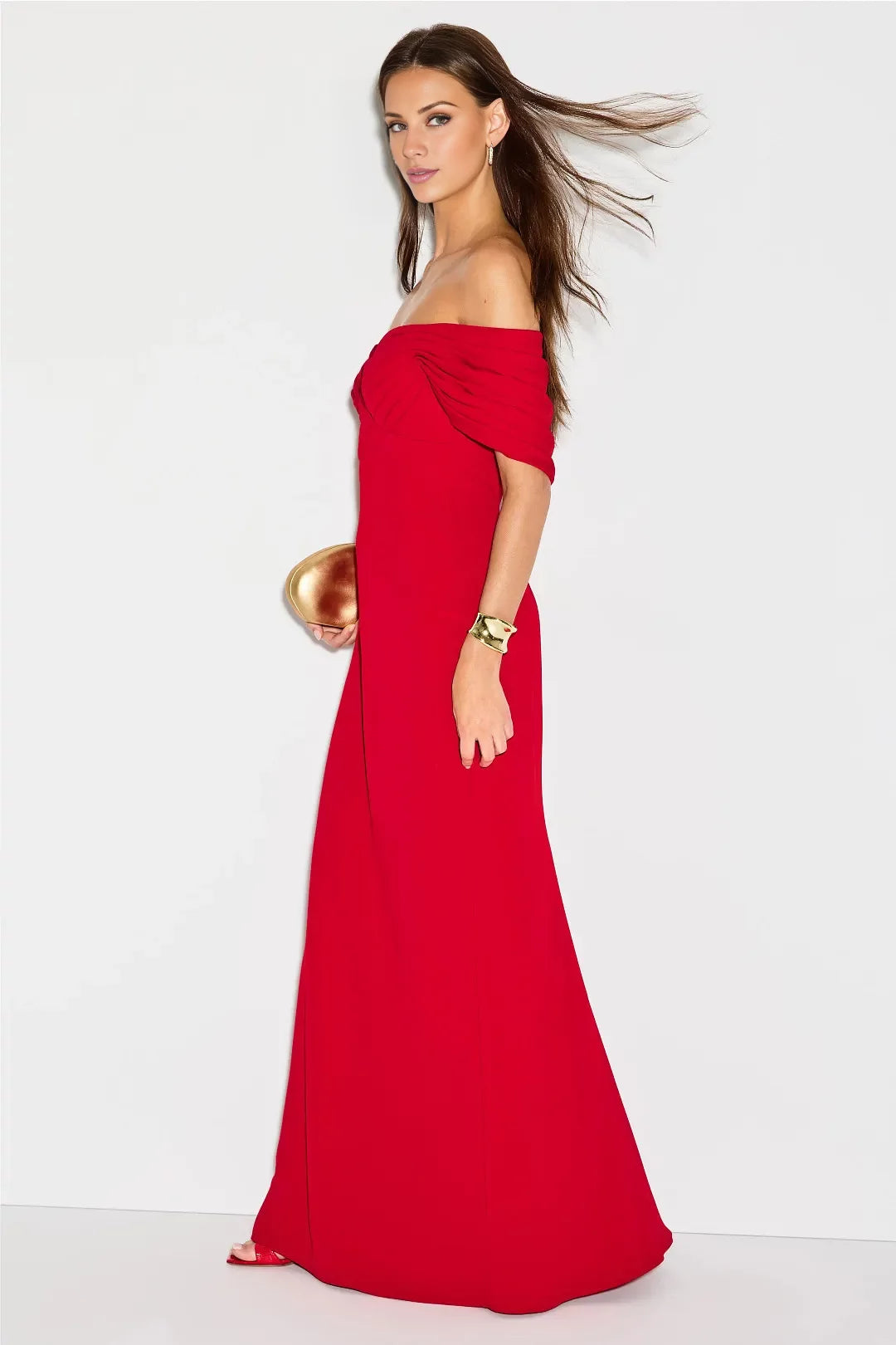Refined A-Line Off-Shoulder Neck Sleeveless Ruched Floor-Length Evening Dress