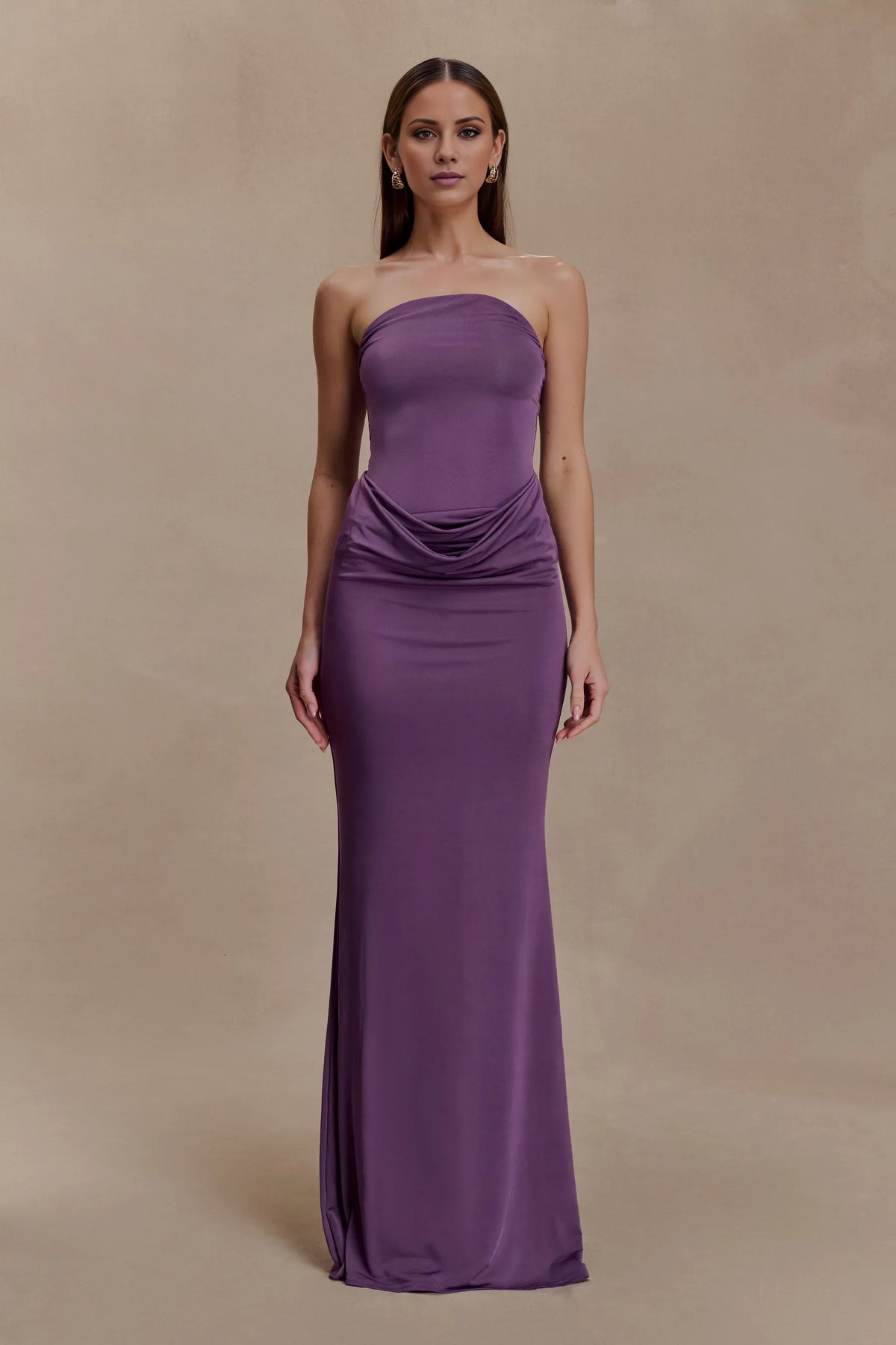 Wisteria Stretch Knit Evening Dress with Straight Neck and Draped Waist