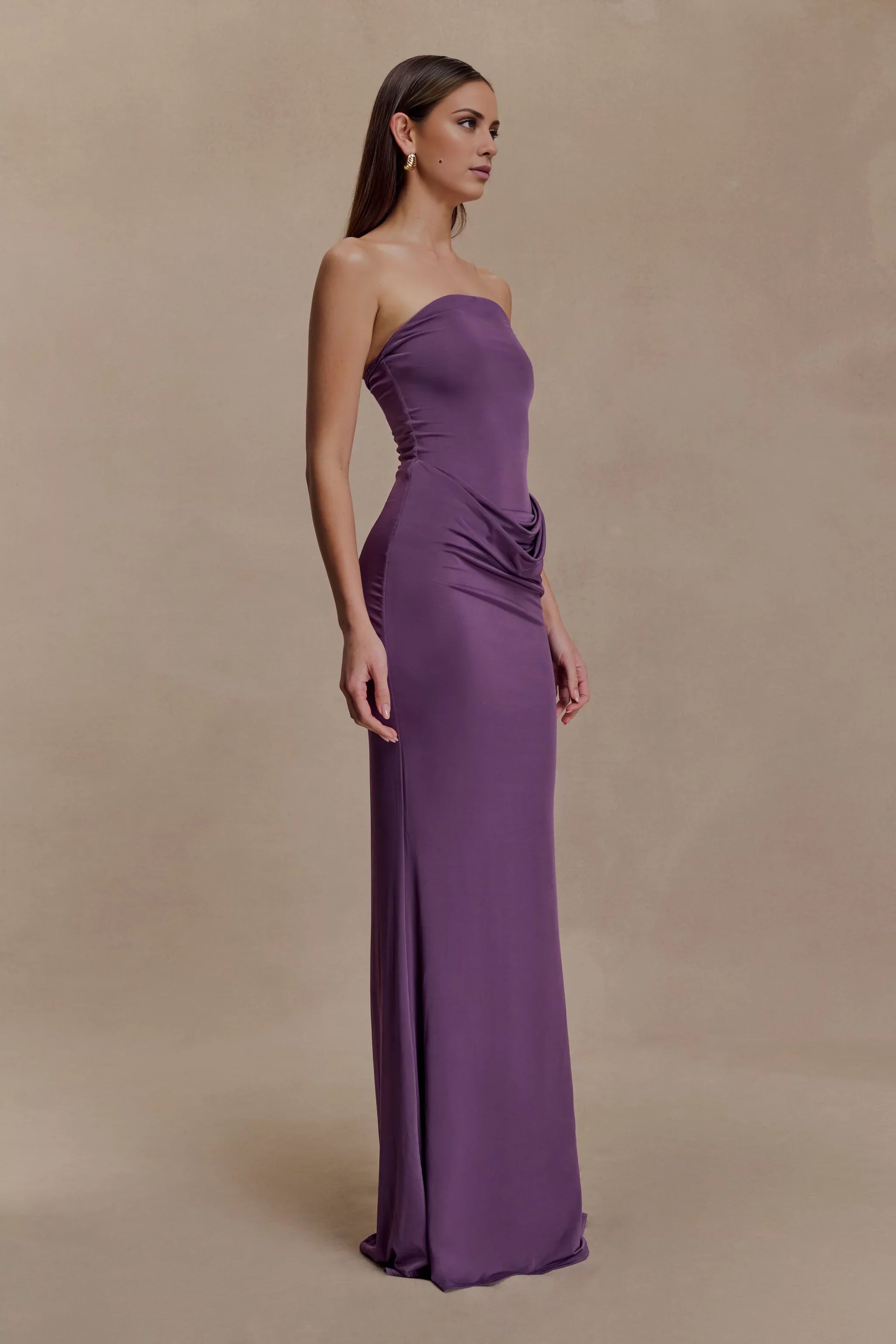 Refined Off the Shoulder Neck Satin Sleeveless Strapless Ruched Mermaid Floor-Length Evening Dress