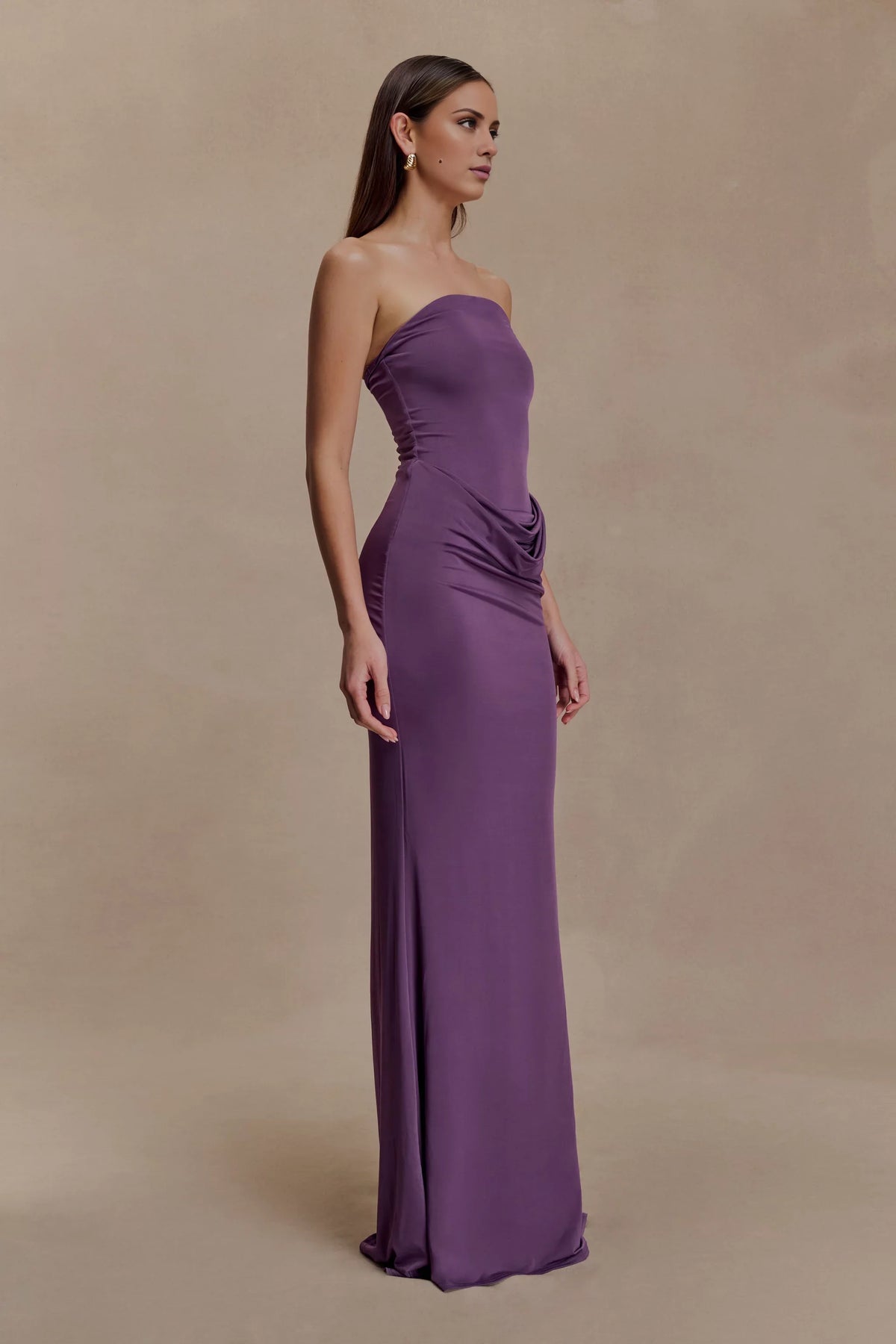 Wisteria Stretch Knit Evening Dress with Straight Neck and Draped Waist