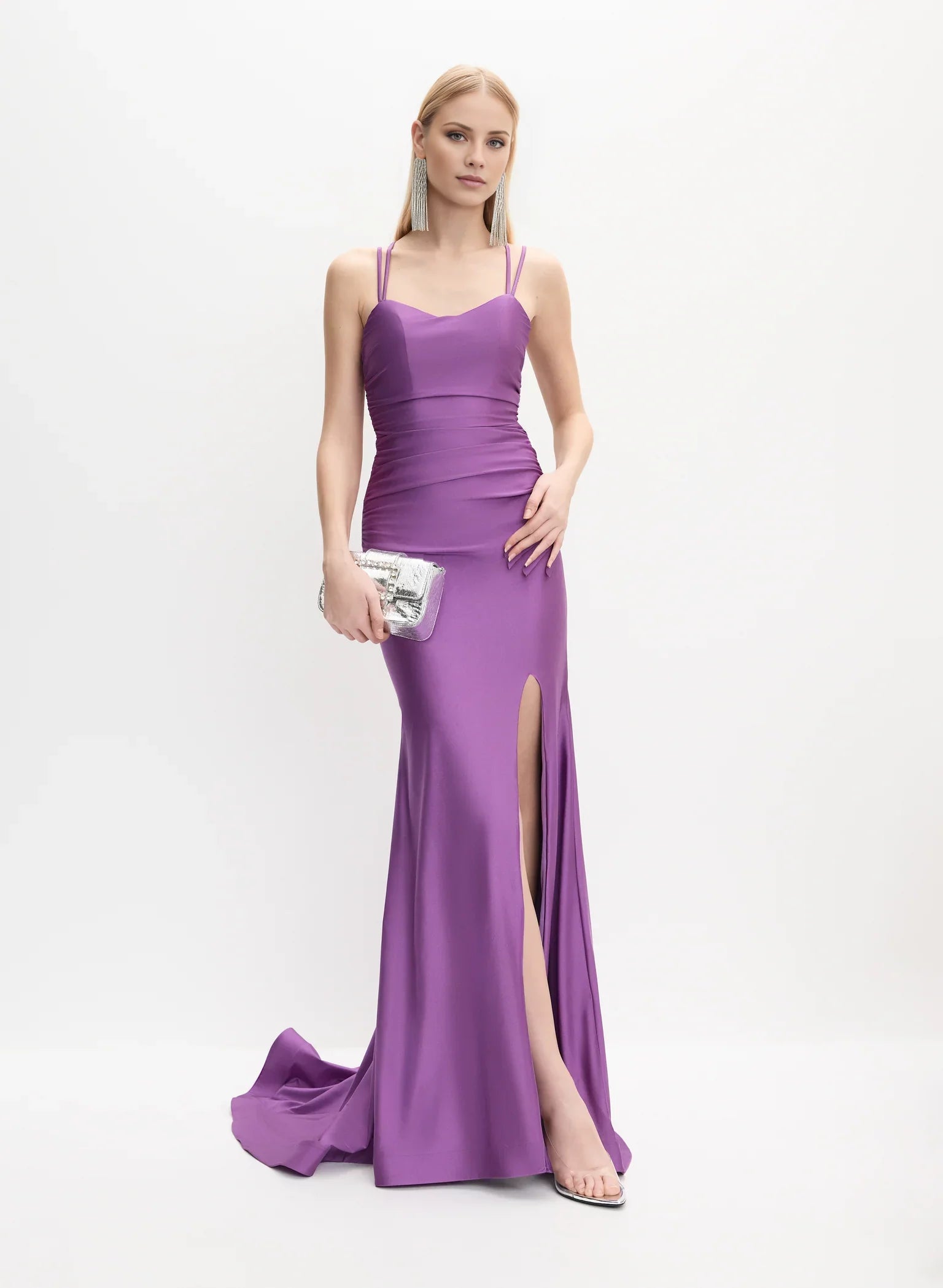 Refined Square Neck Spaghetti Strap Cross-Back Lace-Up Side-Slit Mermaid Floor-Length Evening Dress