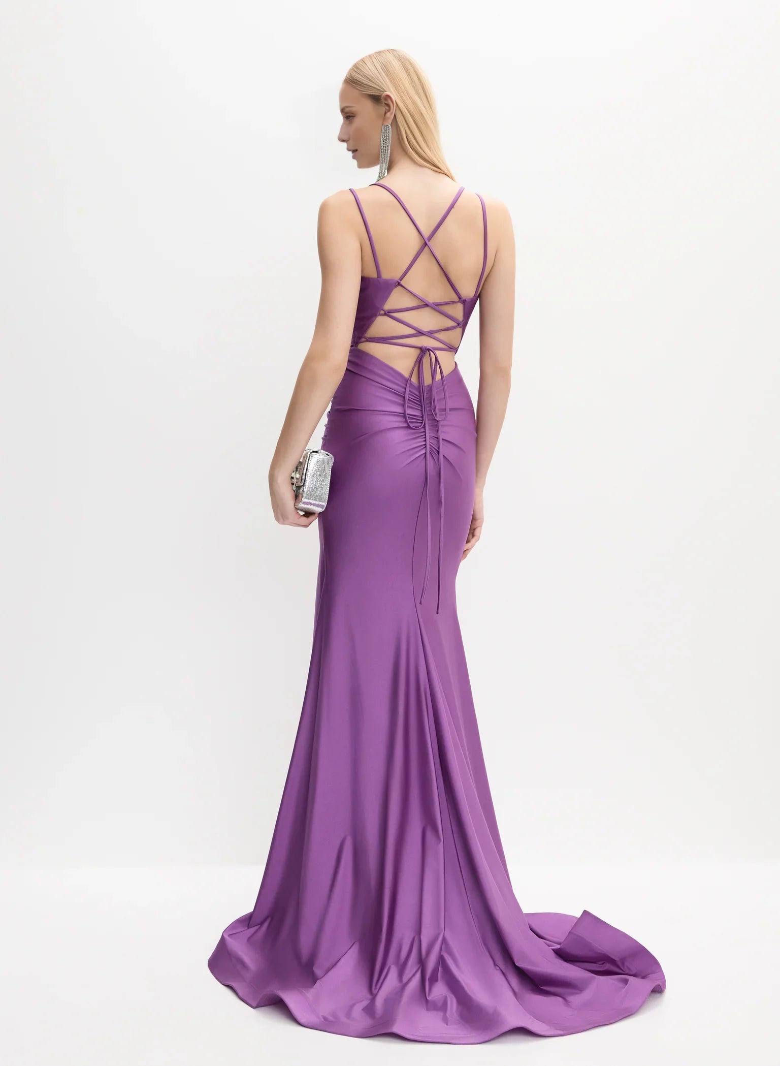 Refined Square Neck Spaghetti Strap Cross-Back Lace-Up Side-Slit Mermaid Floor-Length Evening Dress