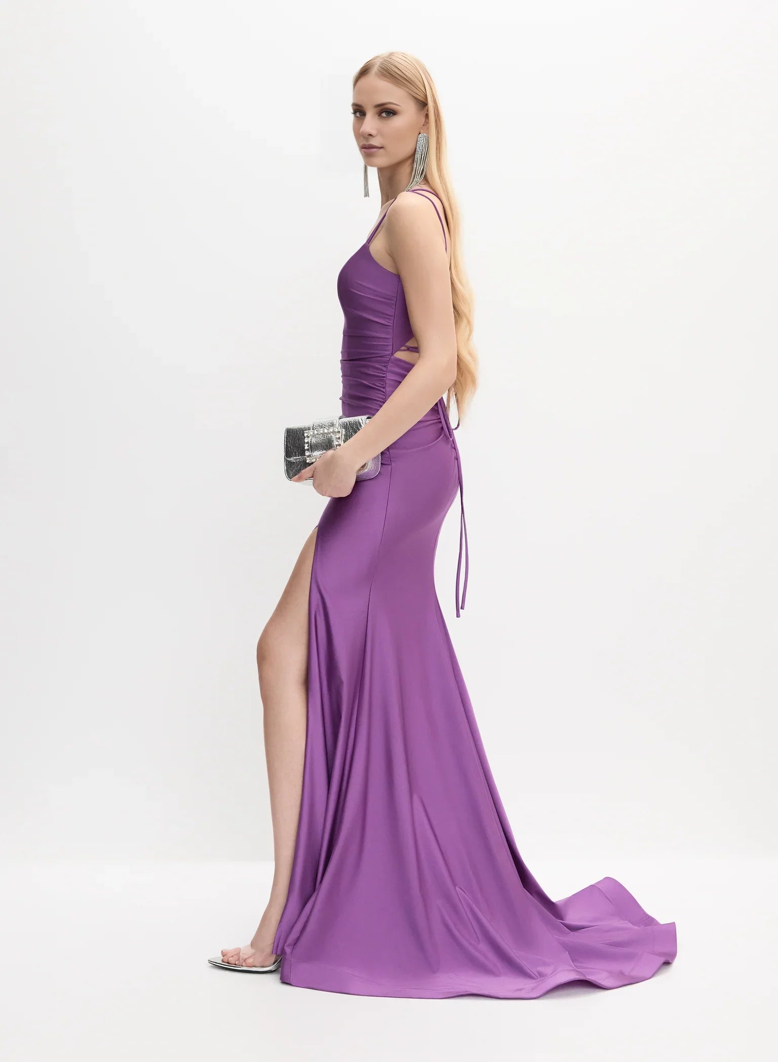 Refined Square Neck Spaghetti Strap Cross-Back Lace-Up Side-Slit Mermaid Floor-Length Evening Dress