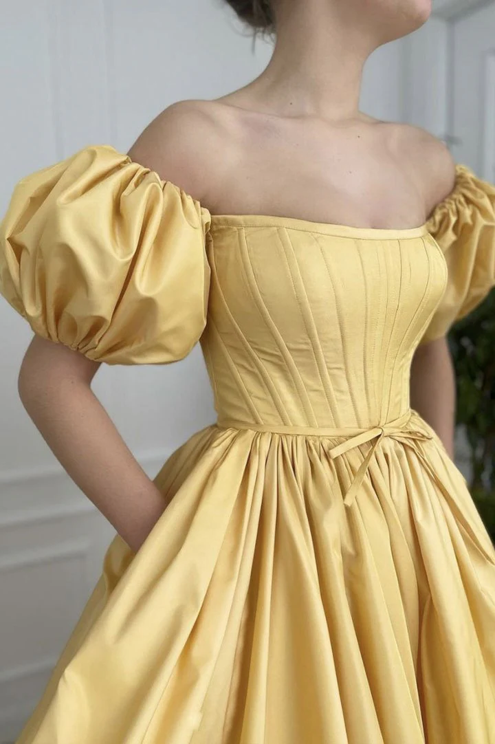 Regal A-Line Off-Shoulder Puff-Sleeve Corset-Back Floor-Length Slit Evening Dress