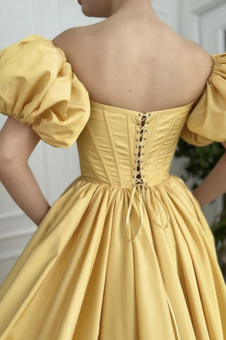 Regal A-Line Off-Shoulder Puff-Sleeve Corset-Back Floor-Length Slit Evening Dress