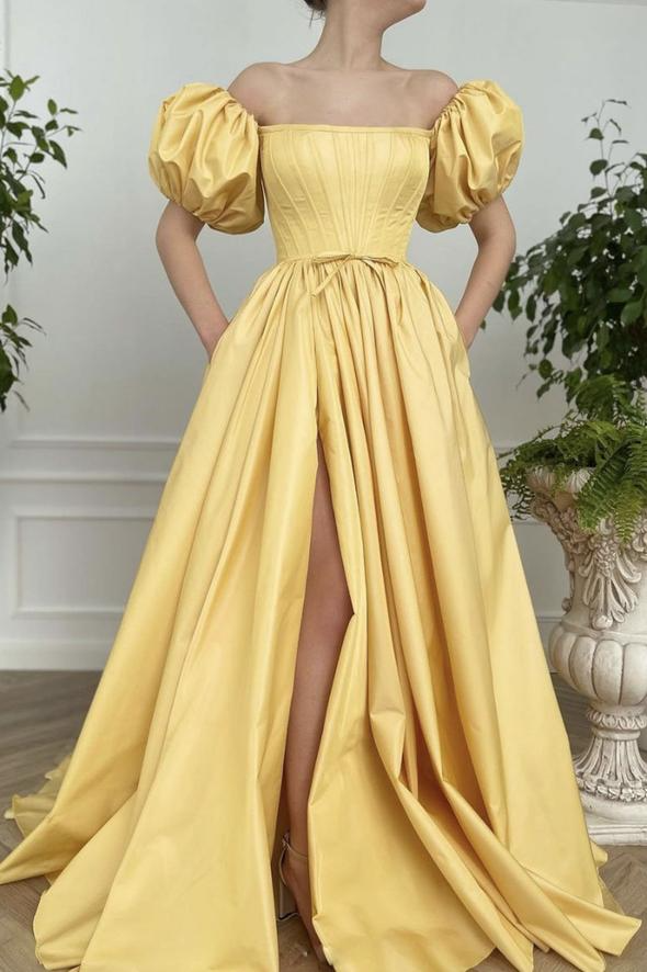Regal A-Line Off-Shoulder Puff-Sleeve Corset-Back Floor-Length Slit Evening Dress