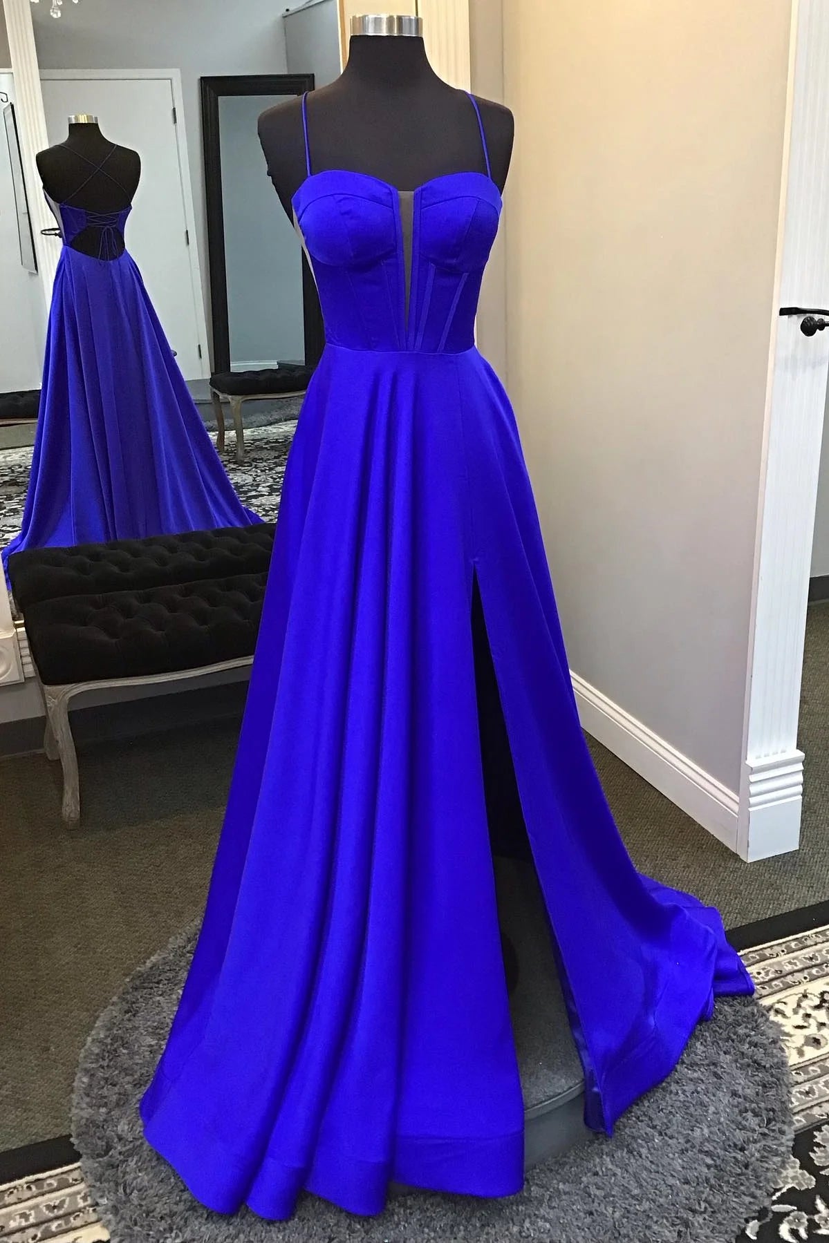 Royal Blue Satin A-Line Floor-Length with Structured Bodice, Illusion V-Neck, Lace-Up Back & High Slit
