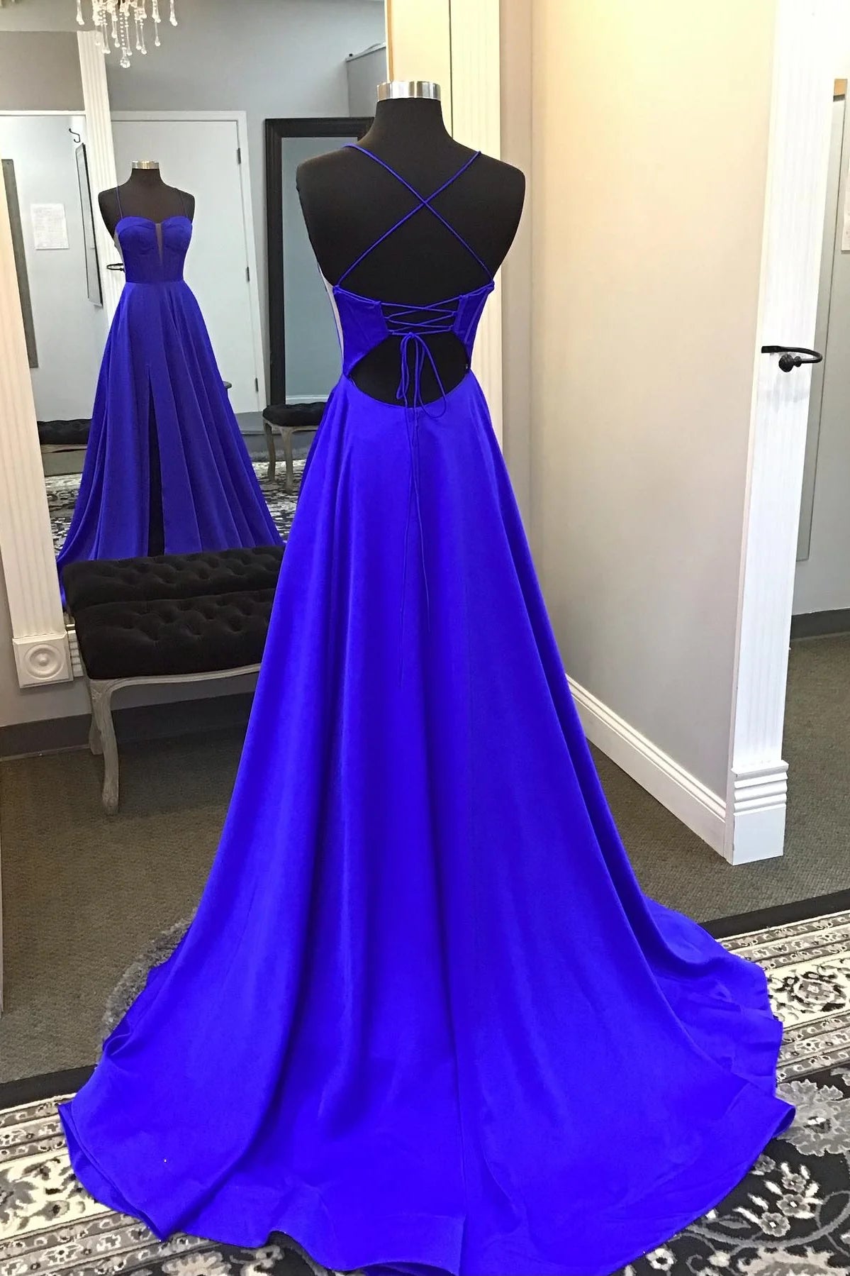 Royal Blue Satin A-Line Floor-Length with Structured Bodice, Illusion V-Neck, Lace-Up Back & High Slit
