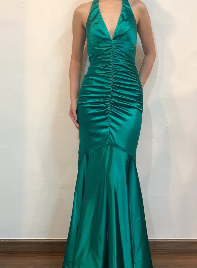 Regal Halter V-Neck Ruched Open-Back Bow Mermaid Floor-Length Evening Dress