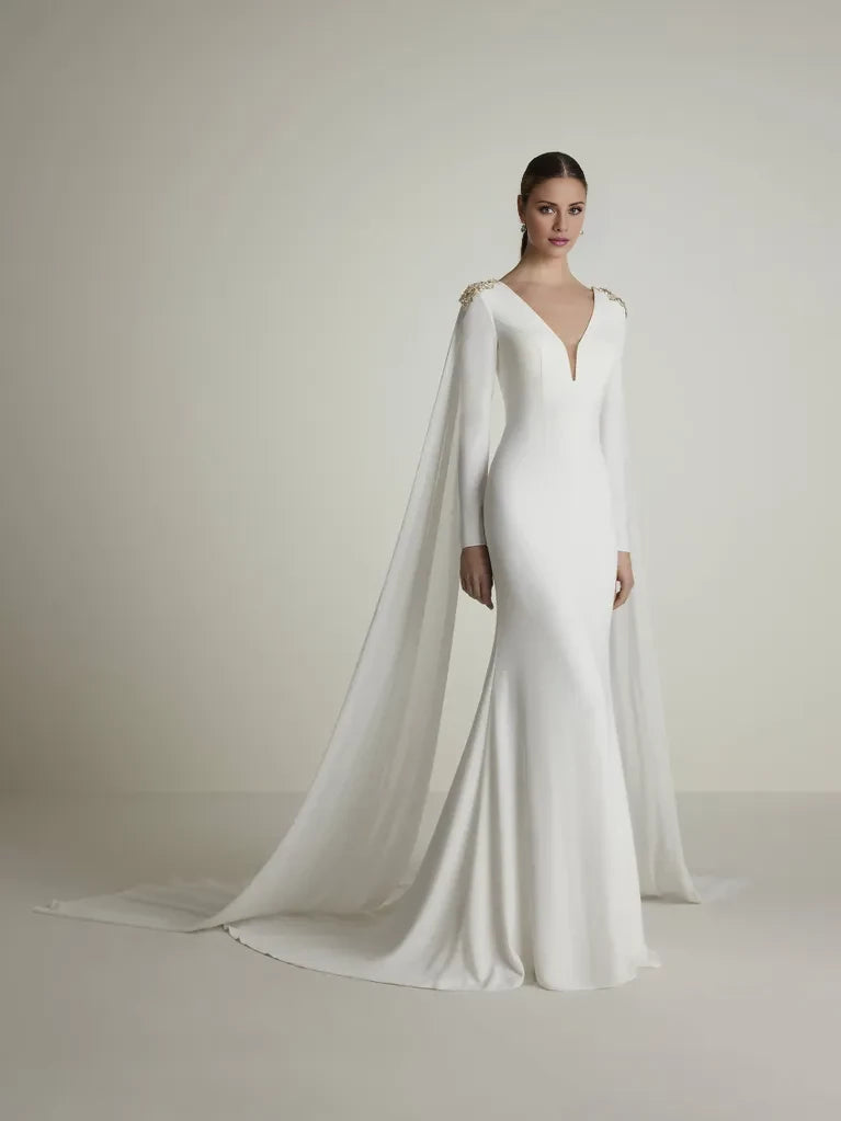 Regal Mermaid Deep V - Neck Long Sleeve Cape - Detail Maxi Winter Wedding Dress