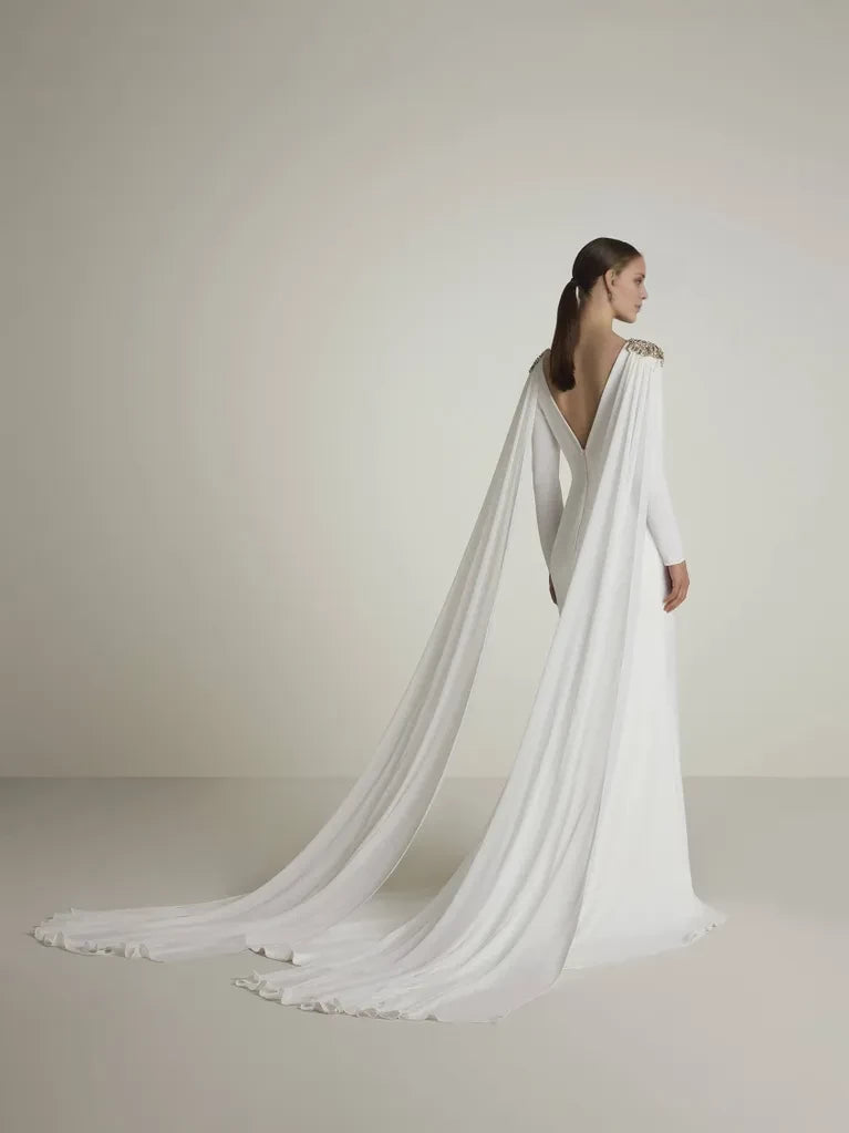 Regal Mermaid Deep V - Neck Long Sleeve Cape - Detail Maxi Winter Wedding Dress