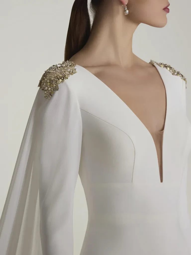 Regal Mermaid Deep V - Neck Long Sleeve Cape - Detail Maxi Winter Wedding Dress