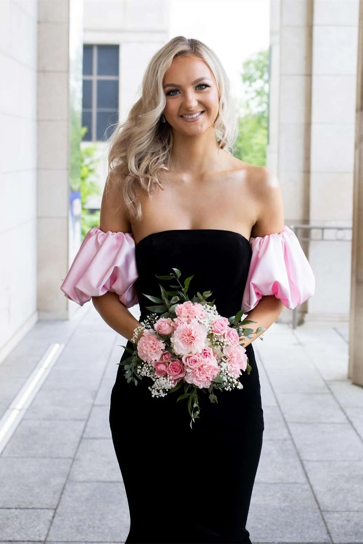 Regal Mermaid Off-the-Shoulder Puff-Sleeve Floor-Length Black Velvet Evening Dress