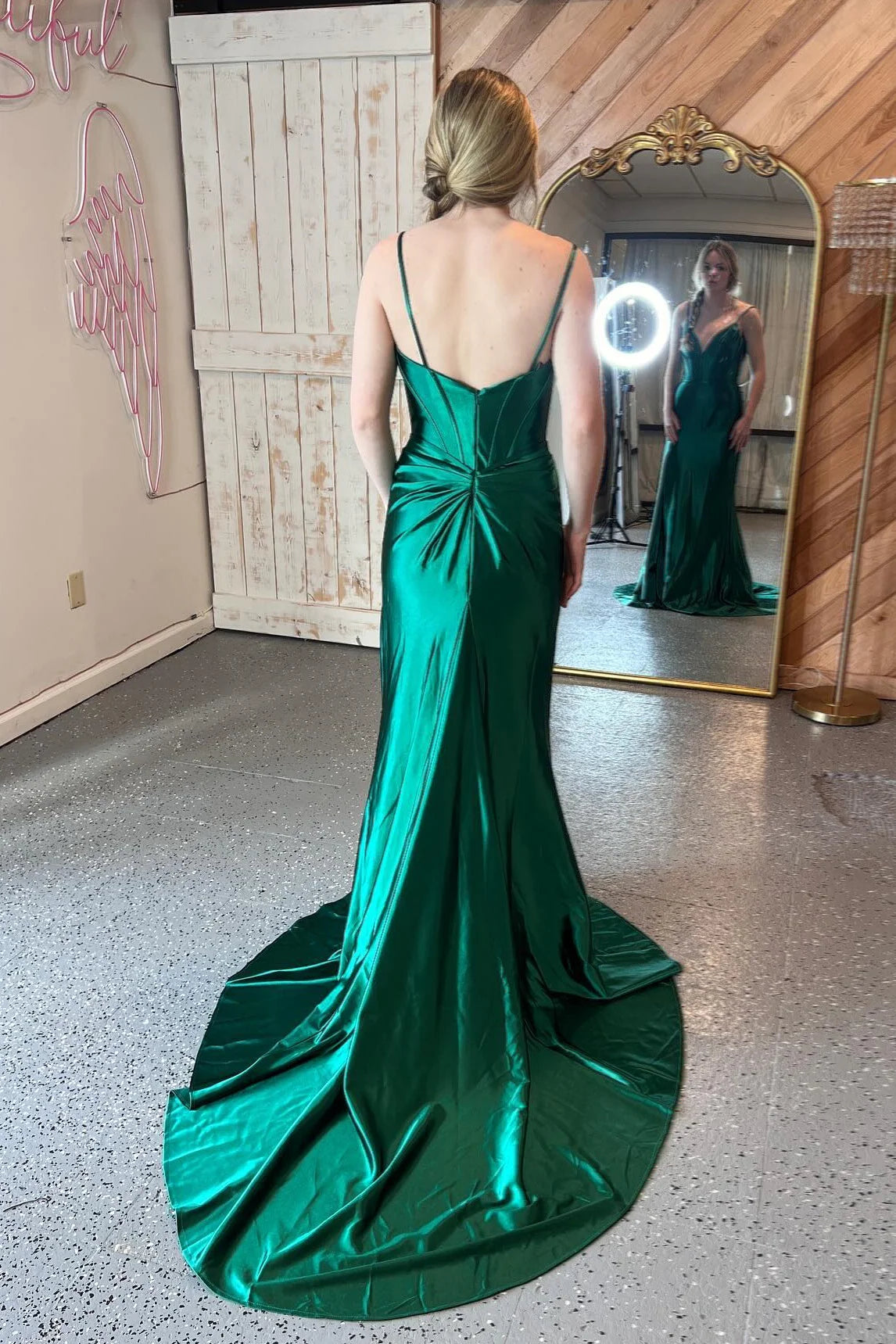 Regal Mermaid Spaghetti-Strap Zipper-Back Slit Satin Evening Dress