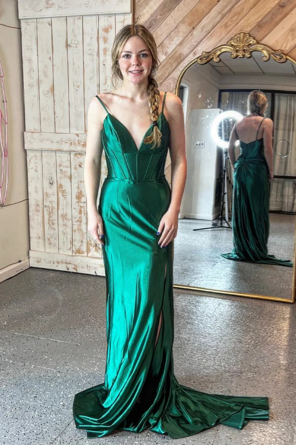 Regal Mermaid Spaghetti-Strap Zipper-Back Slit Satin Evening Dress