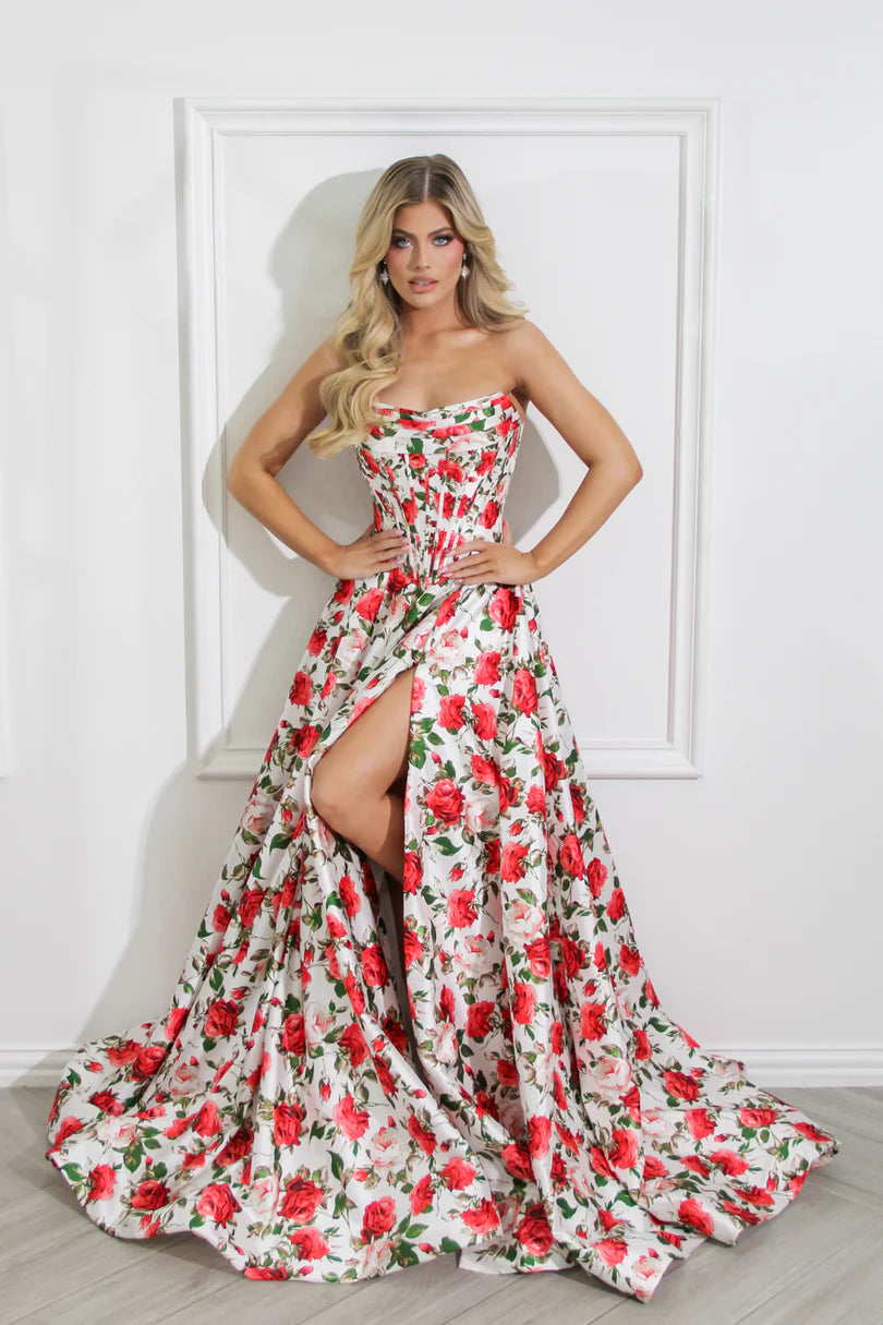 White Satin A-Line Floor-Length Gown with Corset Bodice & High Slit