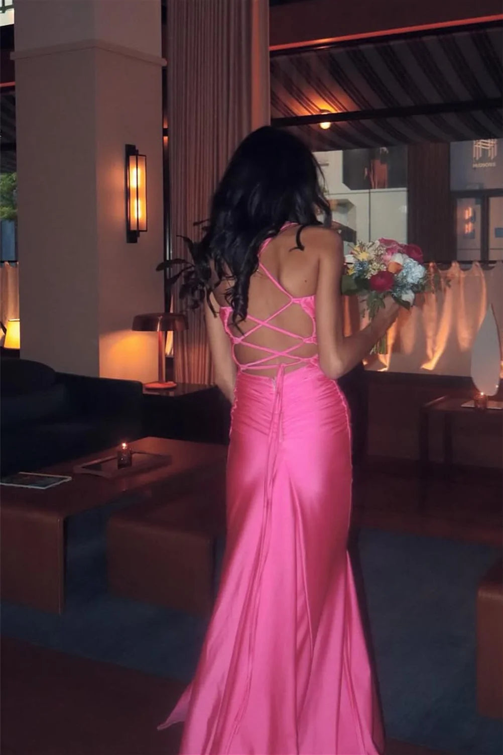 Regal Satin Mermaid V-Neck Lace-Up Floor Length Evening Dress