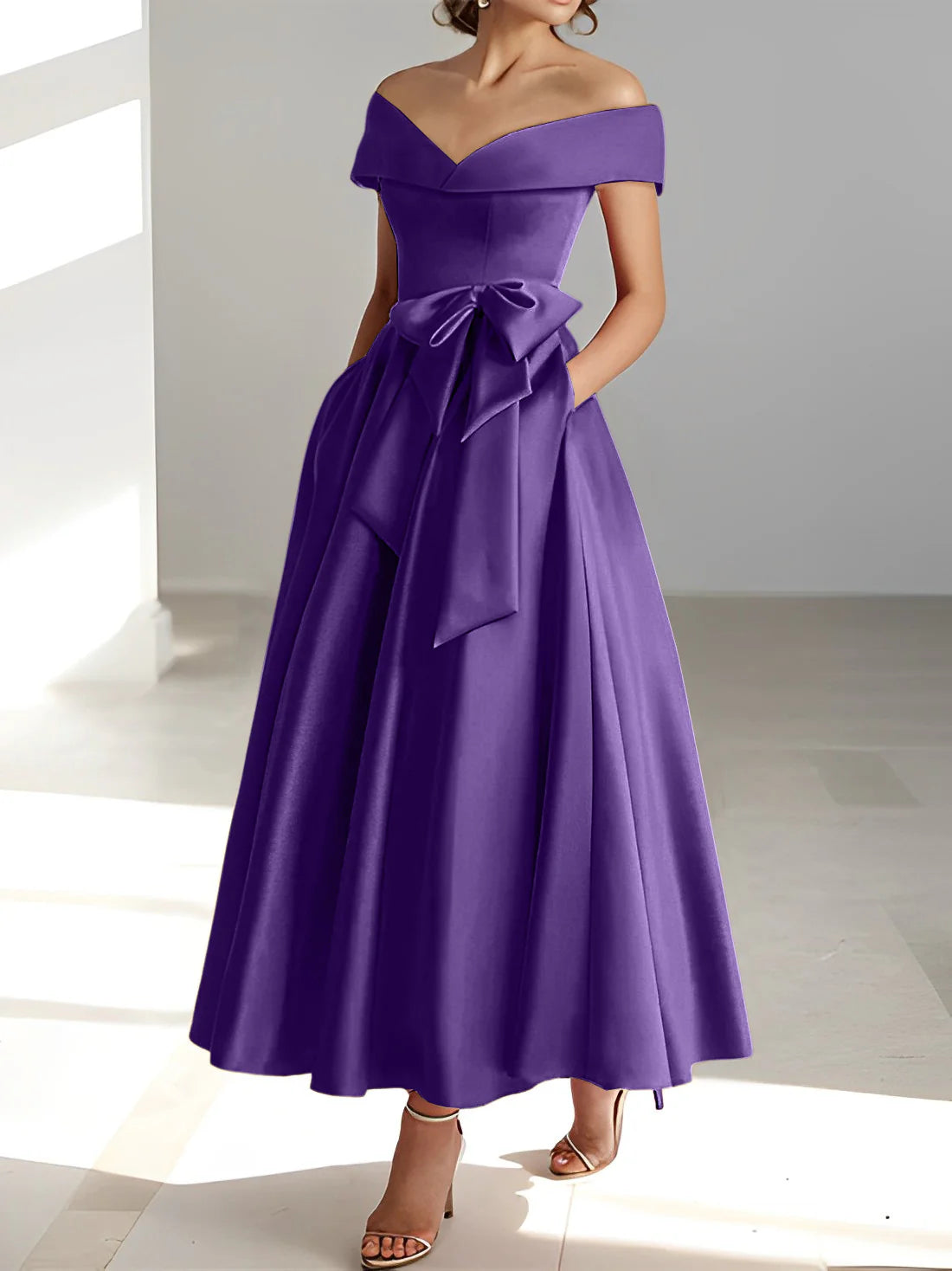 Vestidos de madre de la novia con bolsillos y hombros descubiertos, corte A/Princesa