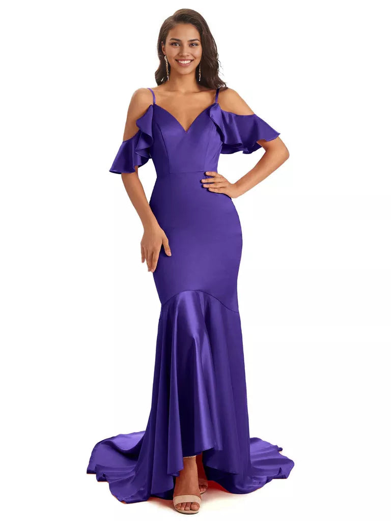 Soft Satin Asymmetric Spaghetti Straps Sleeveless Mermaid Cold Shoulder Bridesmaid Dresses