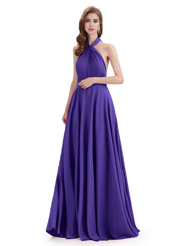 Simple A-Line High Neck Halter Sleeveless Pleats Chiffon Floor Length Bridesmaid Dresses